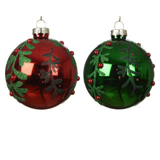 Kerstballen glas shiny with green leaves 2col ass | 12 stuks