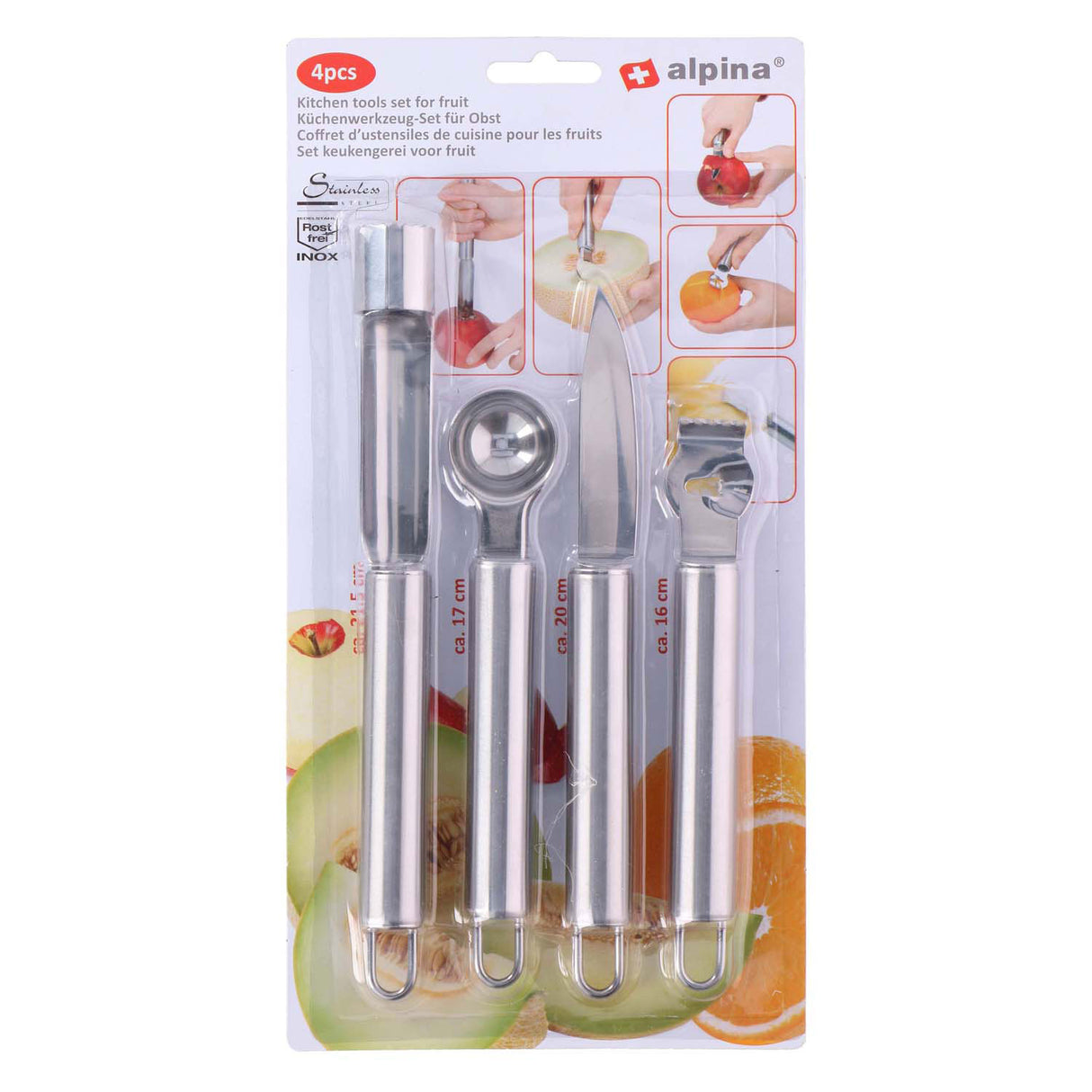 Alpina fruitsnijset - set van 4 stuks - schiller fruitsnijder appelboor meloenboor - rvs