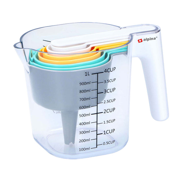 Alpina Messbecher-Set 9-teilig – Messset mit Messbecher 1 Liter – stapelbare Messbecher – inklusive Trichter und Schaber und Messlöffel