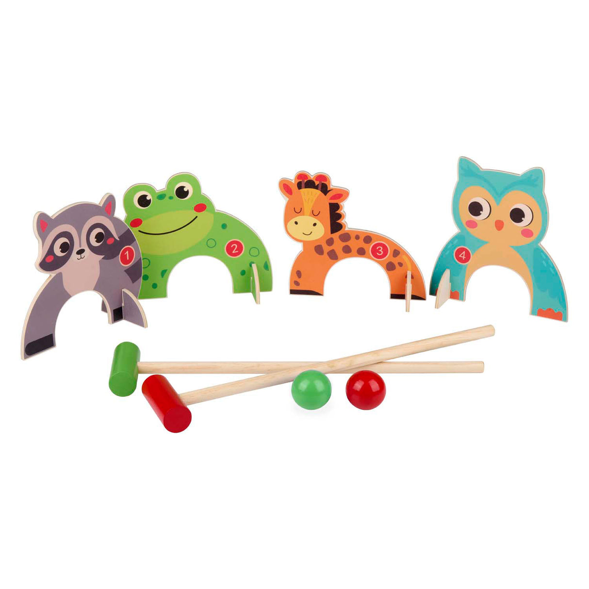 Krocketspieltiere aus Holz, 8 Stück.