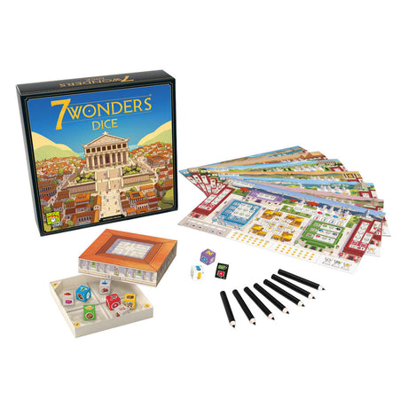 Repos Production Asmodee Würfelspiel 7 Wonders Dice, strategisches Brettspiel für 2–7 Spieler.
