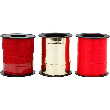 Geschenkband, B: 10 mm, gold, rot, roter Glitzer, 3x15 m 1 Box