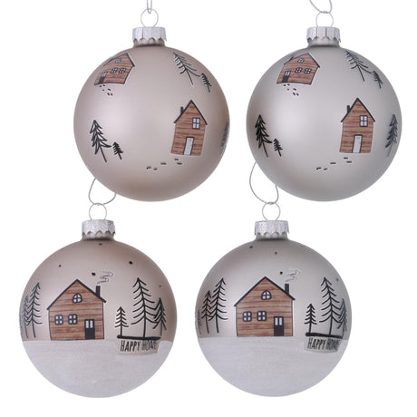 Boltze Home Weihnachtskugel Homewood Glas - mit Motiv aus Häusern und Weihnachtsbäumen - Durchmesser 8 cm