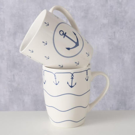 Boltze Home Becher 'Bösum' 350 ml weiß mit blauem Ankermotiv Ø8,5x10,5cm Porzellan 2-fach sortiert