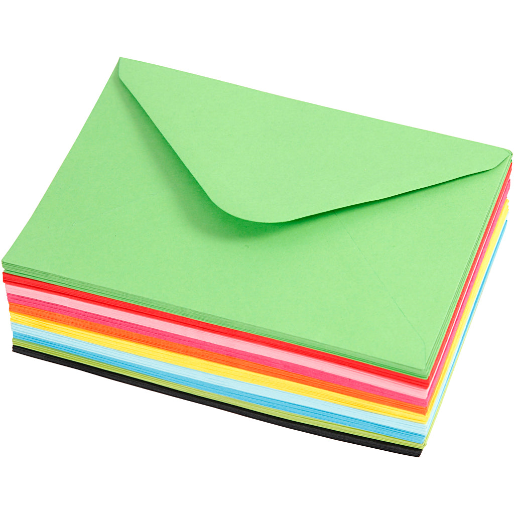 Farbige Umschläge der Firma Creativ, Umschlaggröße 11,5 x 16 cm, 80 g, verschiedene Farben, 10 x 10 Stück, 1 Karton