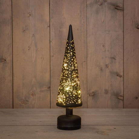 Anna's collection beeld kerstboompje led met sterren op voet draaiend met timer glas 10x10x39cm zwart en sneeuw werkt op batterij en usb c