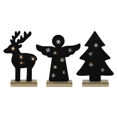 Svenska Wohnfilz Weihnachtsfigur schwarz auf Holzsockel 8xLED Engel 25x30cm Hirsch 19x32cm oder Baum 22x30,2cm
