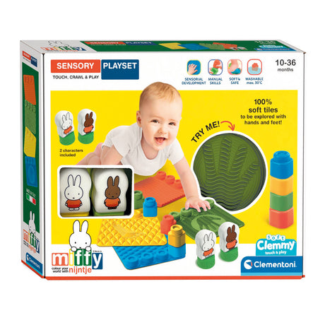 Clementoni Soft Clemmy – Miffy Sinnespfad – Sinnesspielzeug – Spielmatte – Babyblöcke und Spielmatte – mit Stapelblöcken aus weichem Schaumstoff – 6–36 Monate