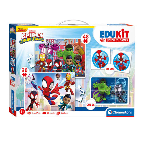 Clementoni – 4-in-1-Spinnen-Spielset – mehrere Spiele – 2 Puzzles – Memory-Spiel – 6 Blöcke – Lernspielzeug – ab 6 Jahren