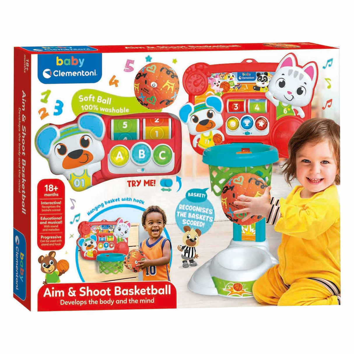 Clementoni-Baby zielt und schießt Basketball