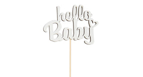 Pak á 8 houten steker ''hello baby'' wit 9cm