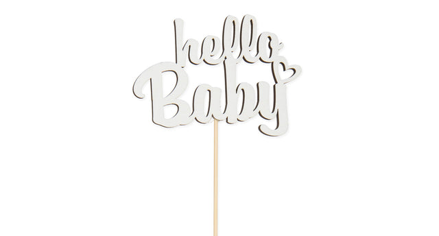 Pak á 8 houten steker ''hello baby'' wit 9cm