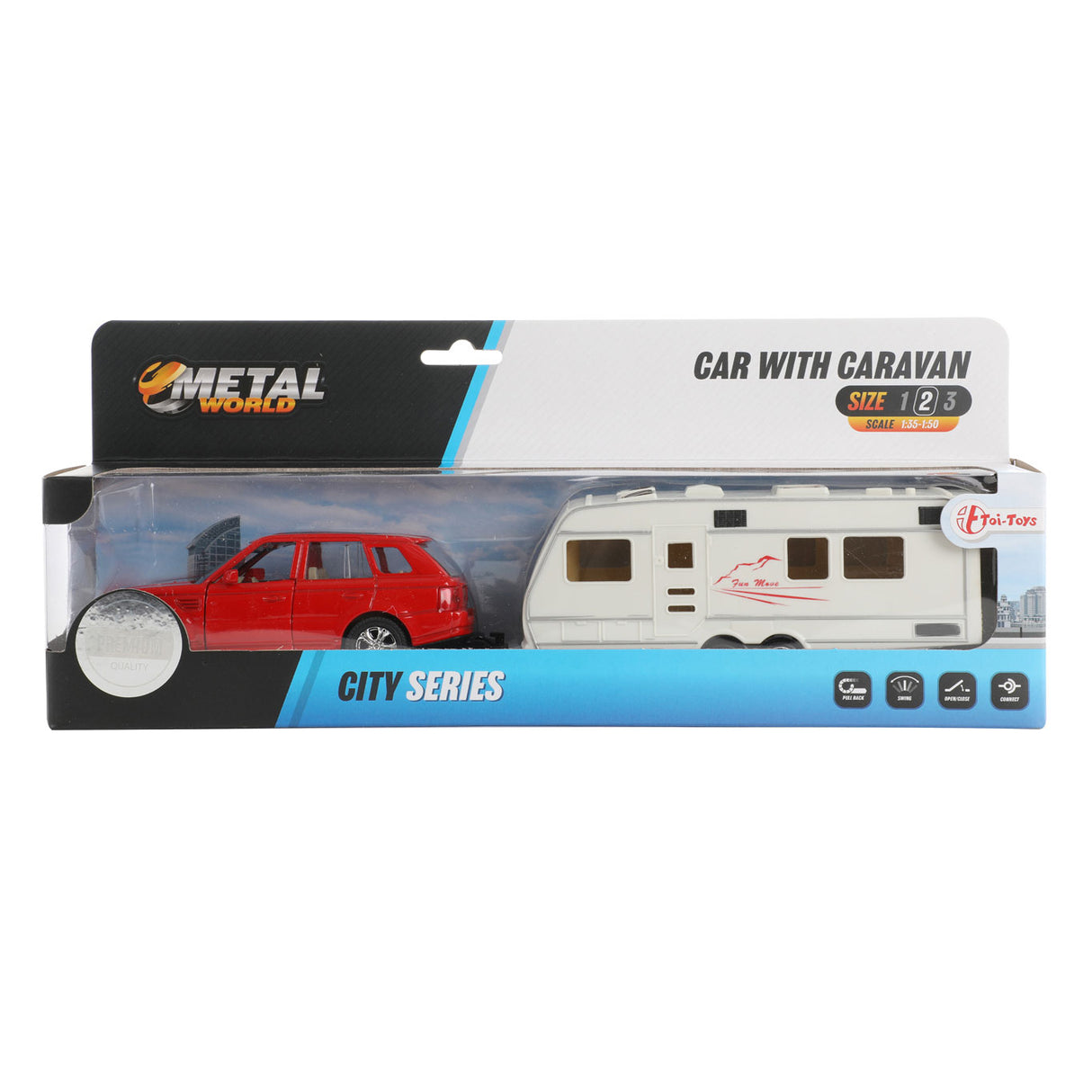 Toi-toys Rückziehauto mit Wohnwagen 1:48