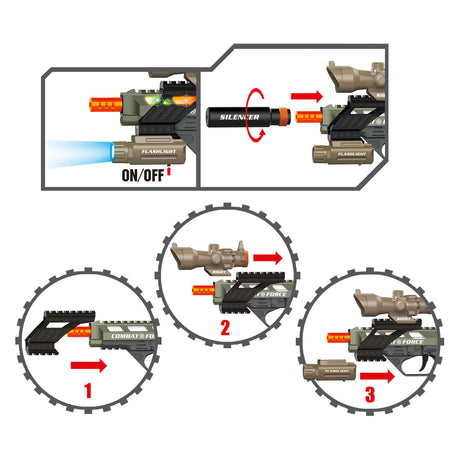 Toi-toys Alfafox Militärpistole mit Schalldämpfer + Taschenlampe + Licht und Ton