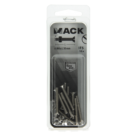 Mack 1019807 - metaalschroef verz. kop + moer rvs 10 st m4x30 | 10 stuks
