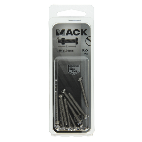 Mack 1019821 - metaalschroef cyl. kop + moer rvs 9 st m4x30 | 10 stuks