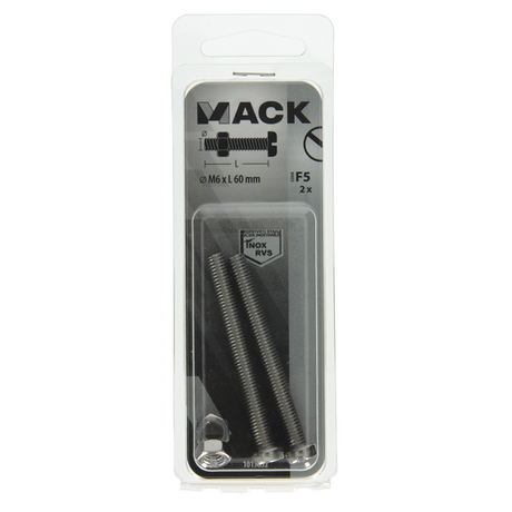Mack 1019832 - metaalschroef cyl. kop + moer rvs 2 st m6x60 | 10 stuks