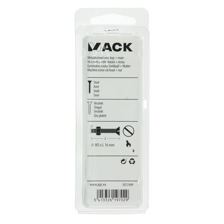 Mack 1017499 - metaalschroef verz. kop + moer verz. 16st m5 x 16 mm | 10 stuks