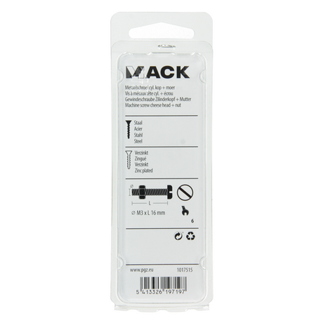 Mack 1017515 - metaalschroef cyl. kop + moer verz. 27 st m3 x 16 mm | 10 stuks