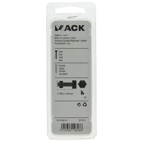 Mack 1017615 - tapbout + moer staal verzinkt 5 st m8 x 40 mm | 5 stuks