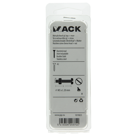 Mack 1019825 - metaalschroef cyl. kop + moer rvs 7 st m5x20 | 10 stuks