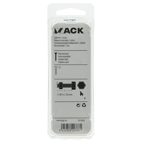 Mack 1019838 - tapbout + moer roestvrijstaal 6 st m5x20 | 10 stuks