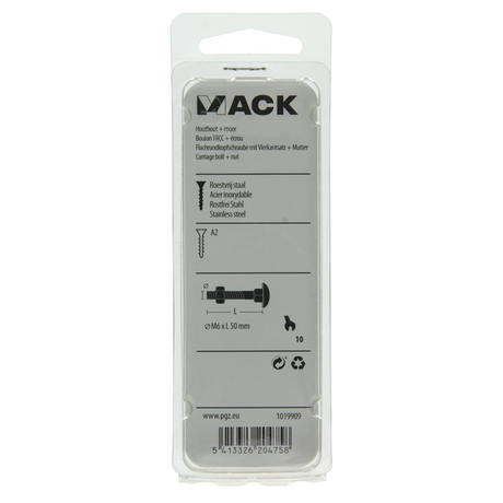 Mack 1019909 - houtbout + moer roestvrijstaal 3 st m6 x 50 mm | 10 stuks