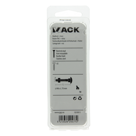 Mack 1019911 - houtbout + moer roestvrijstaal 2 st m6 x 70 mm | 10 stuks
