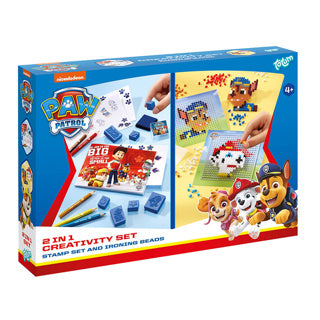 Totum Paw Patrol 2-in-1-Bastelset zum Stempeln, Färben, Bügeln von Perlen mit Chase und Marshall-Geschenktipp, kreatives Spielzeug