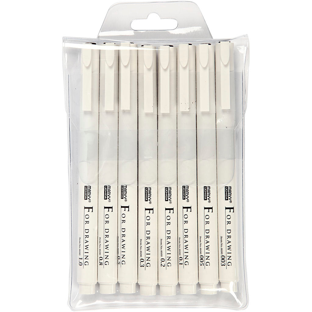 Fineliner, Strichstärke 0,03+0,05+0,1+0,2+0,3+0,5+0,8+1,0 mm, schwarz, 8 Stück 1 Box