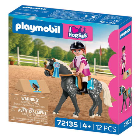 Playmobil paarden speelgoed springwedstrijd set met ruiter en hindernis.