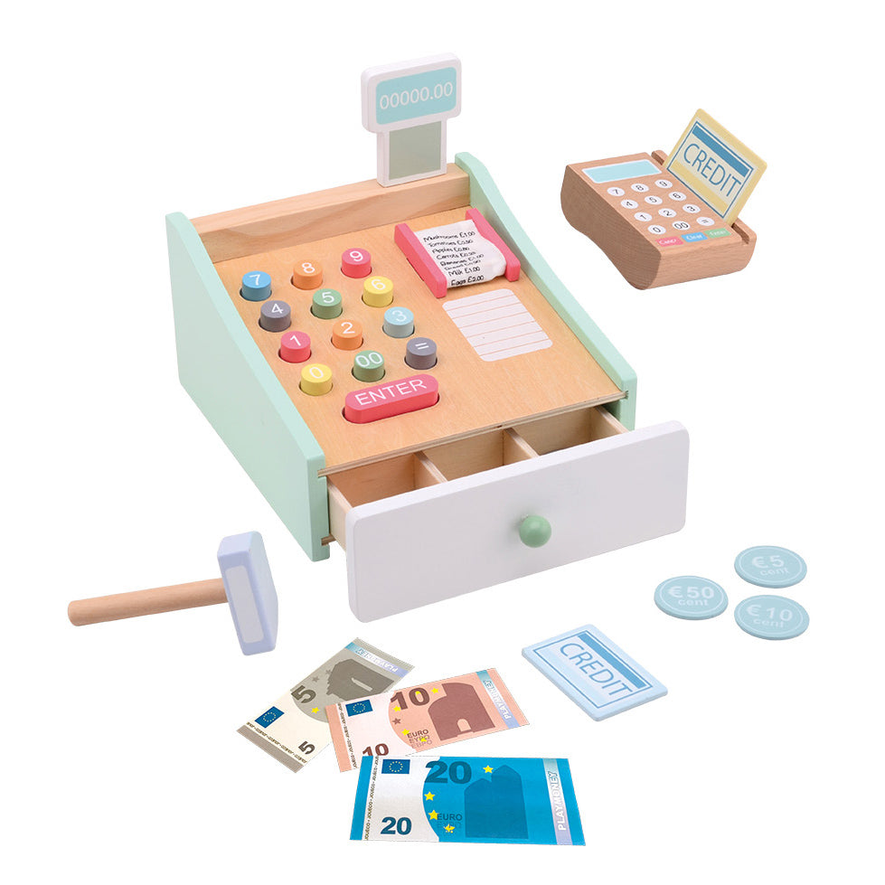 Joueco-Registrierkasse aus Holz mit Scanner