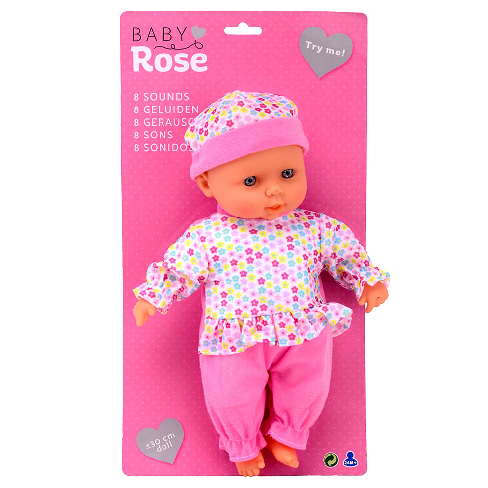 Babyrose-Babypuppe mit Geräuschen, 30 cm.