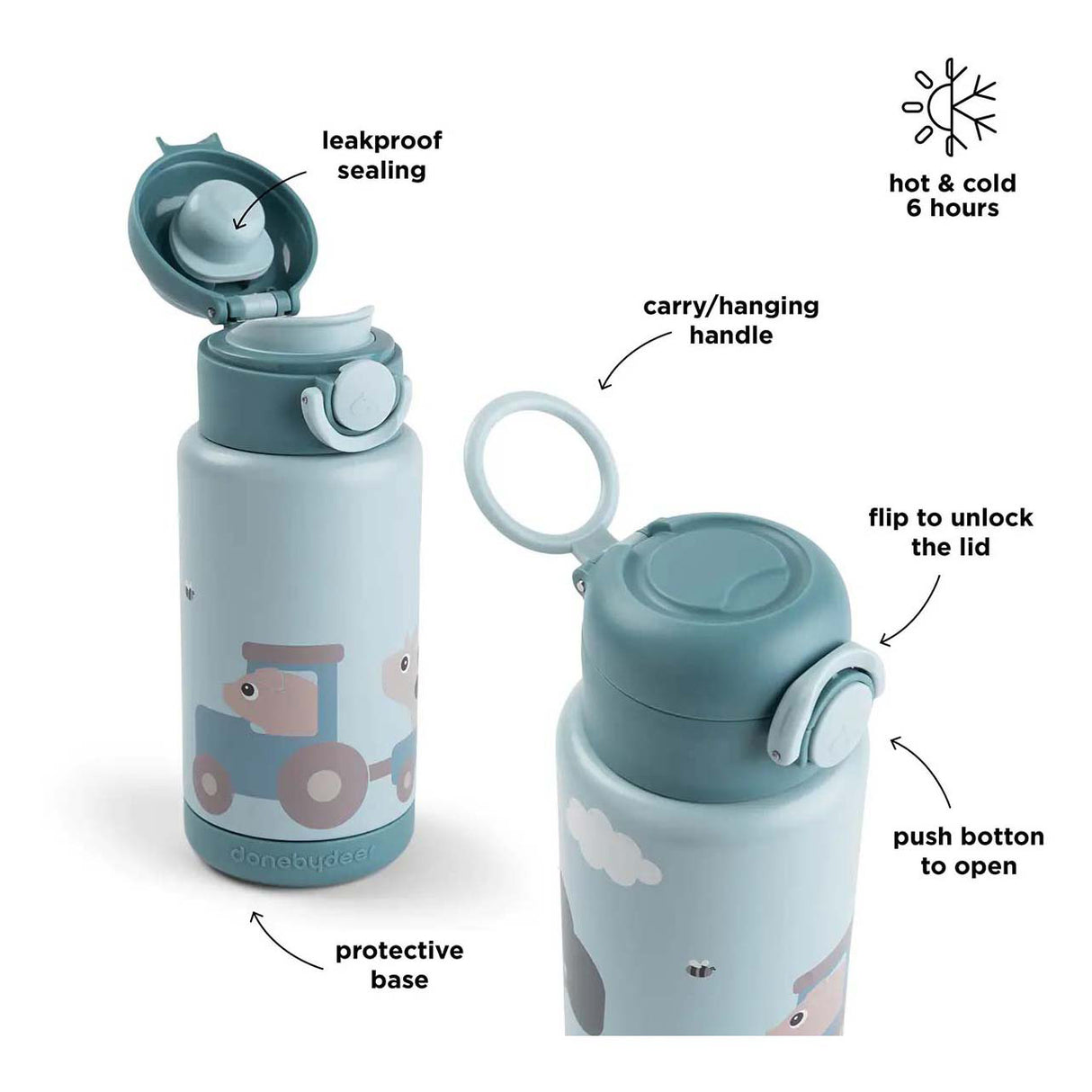 Done by Deer isolierte Trinkflasche Tiny Farm – Blau
