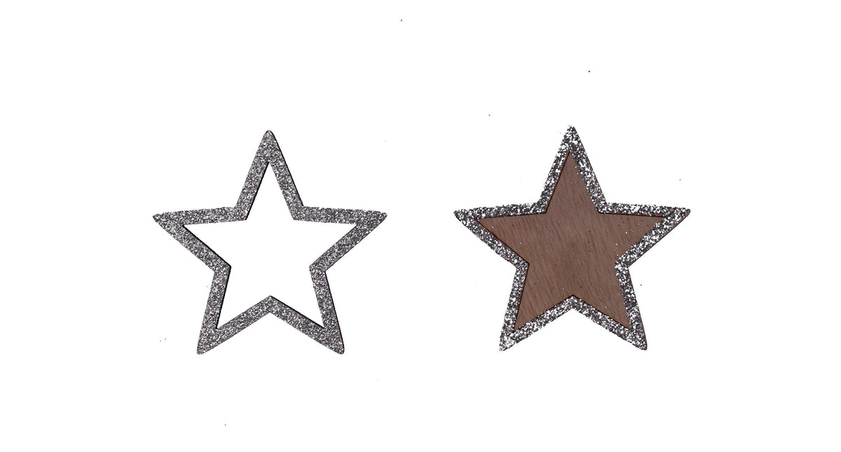 Pb. 12 wooden stars w glitter silver 6 cm