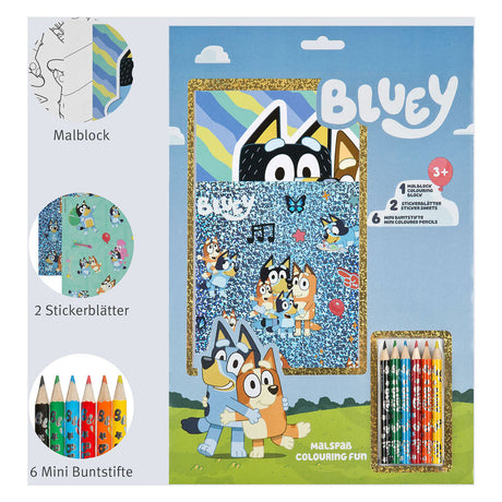 Undercover Bluey Malset Farbblock mit Stiften und Aufklebern für Kinder.