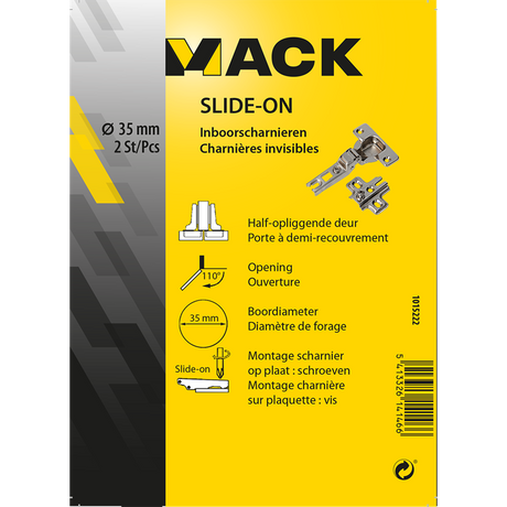 Mack 1015222 - 2 inboorscharnieren slide on 35mm 110° half opliggende deur | 10 stuks