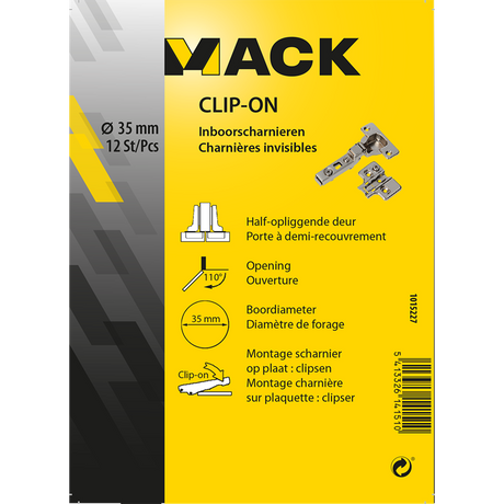 Mack 1015227 - 12 inboorscharnieren clip on 35mm 110° half opliggende deur | 5 stuks