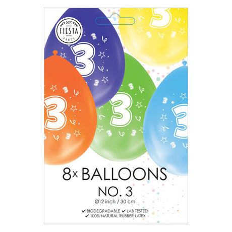 Globos-Luftballons 2-seitig bedruckt Zahl 3, 8 Stk.