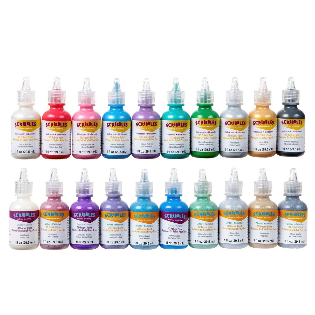Scribbles • 3D-Textilfarben-Set 29,5 ml Glitzer Regenbogen 20 Stück
