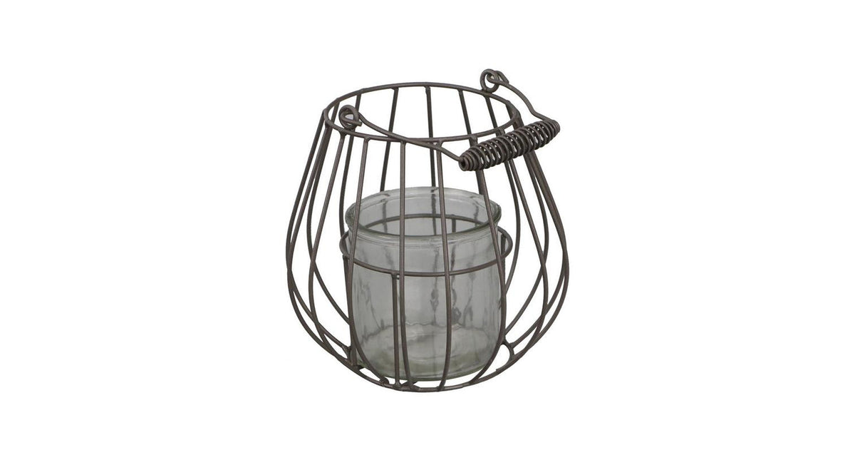 Metal wire lantern with glass ø18x17 26cm grey