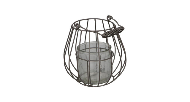 Metal wire lantern with glass ø18x17 26cm grey