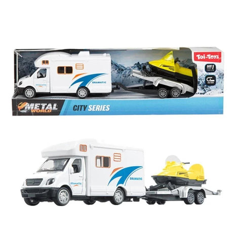 Toi-toys Metall-Camper mit Anhänger und Schneemobil