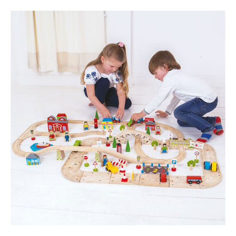 Bigjigs Holzeisenbahn- und Autobahn-Set, 105-teilig