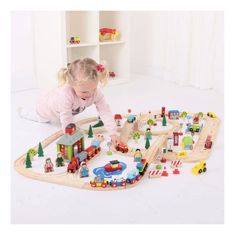 Bigjigs Holzeisenbahn- und Autobahn-Set, 105-teilig