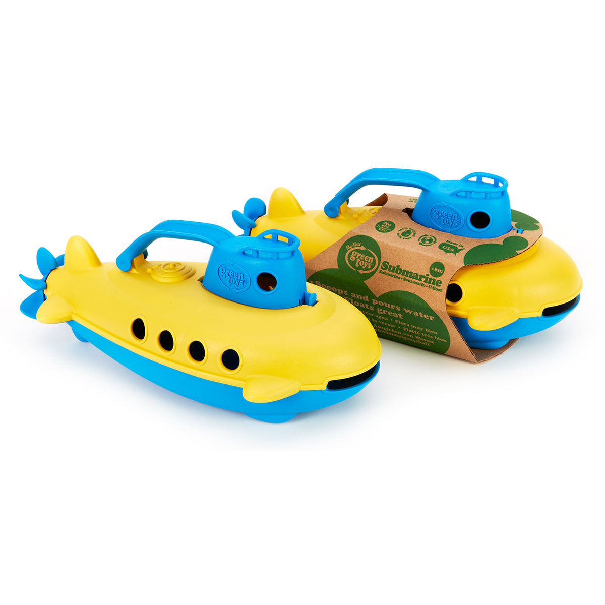 Grünes Spielzeug U-Boot gelb mit blauem Griff -