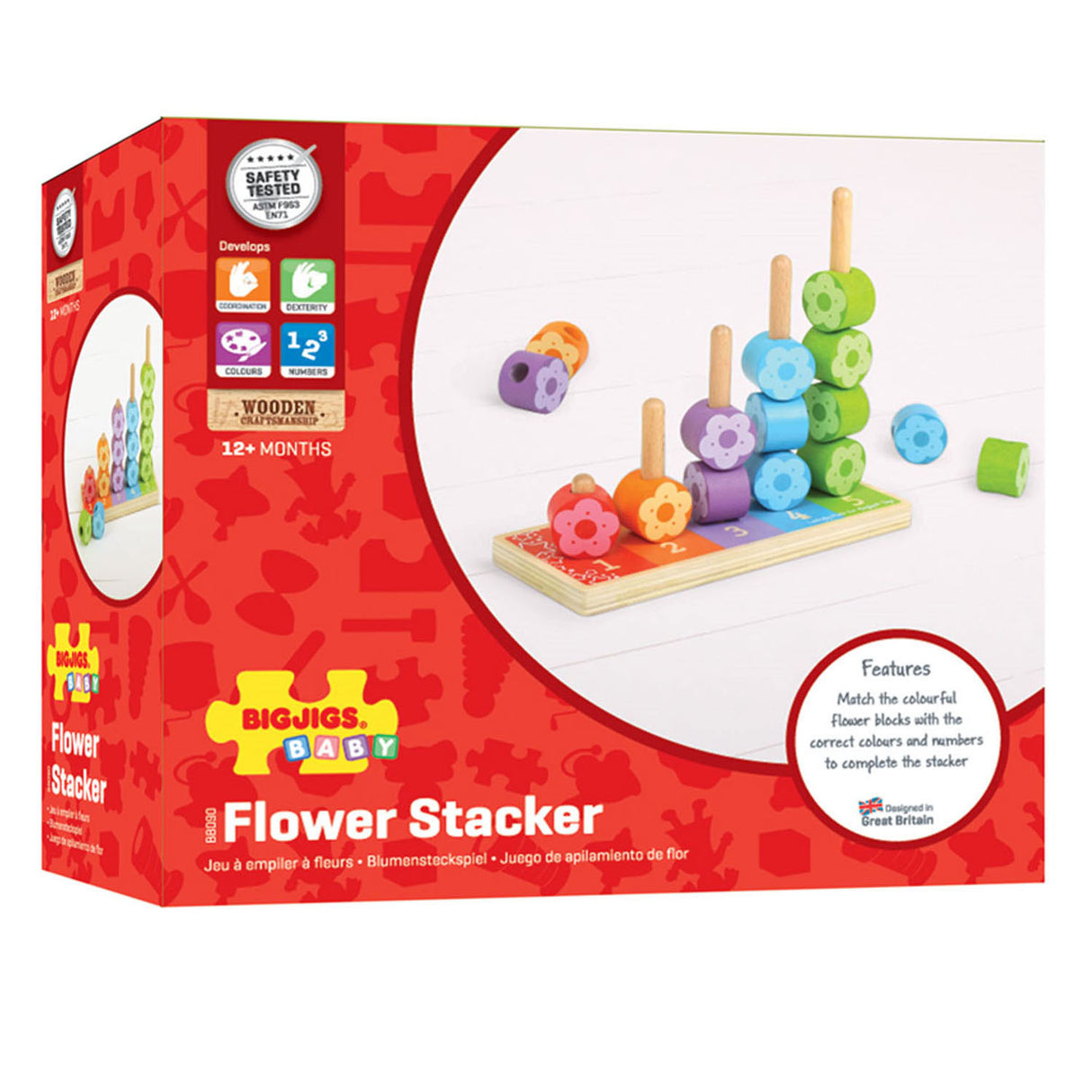Bigjigs Toys Bigjigs Holz-Stapelspiel Blumen, 16 Stück.