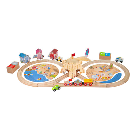Bigjigs Holzeisenbahn-Set säubert die Meeresküste, 70-teilig.