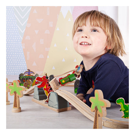 Bigjigs Rail T-Rex Zugbrücke Holzeisenbahngleis – Abenteuerspielset