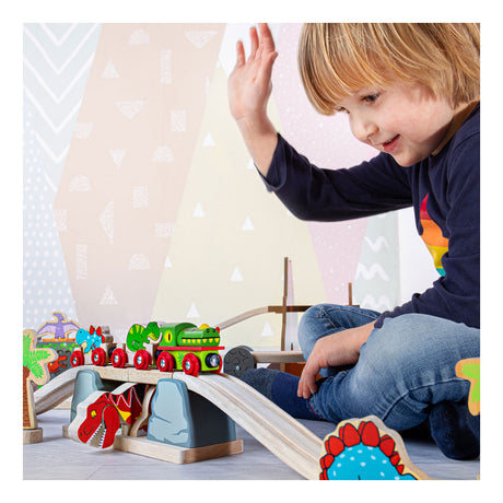 Bigjigs Rail T-Rex Zugbrücke Holzeisenbahngleis – Abenteuerspielset